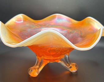 Antique Dugan Art Glass Peach Opalescent Carnival Glass Serving Bowl