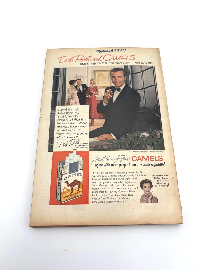 May include: Vintage magazine advertisement for Camel cigarettes featuring Dick Powell. The ad includes a photo of Powell and a pack of Camel cigarettes. Text promotes the brand's flavor and popularity.