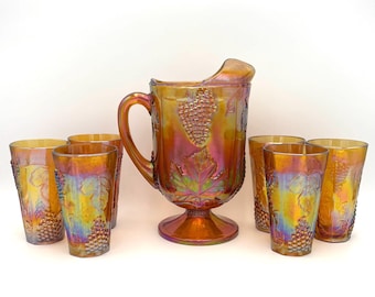 Indiana Glass Marigold Harvest Grape Iridescent Pitcher and Tumbler Set