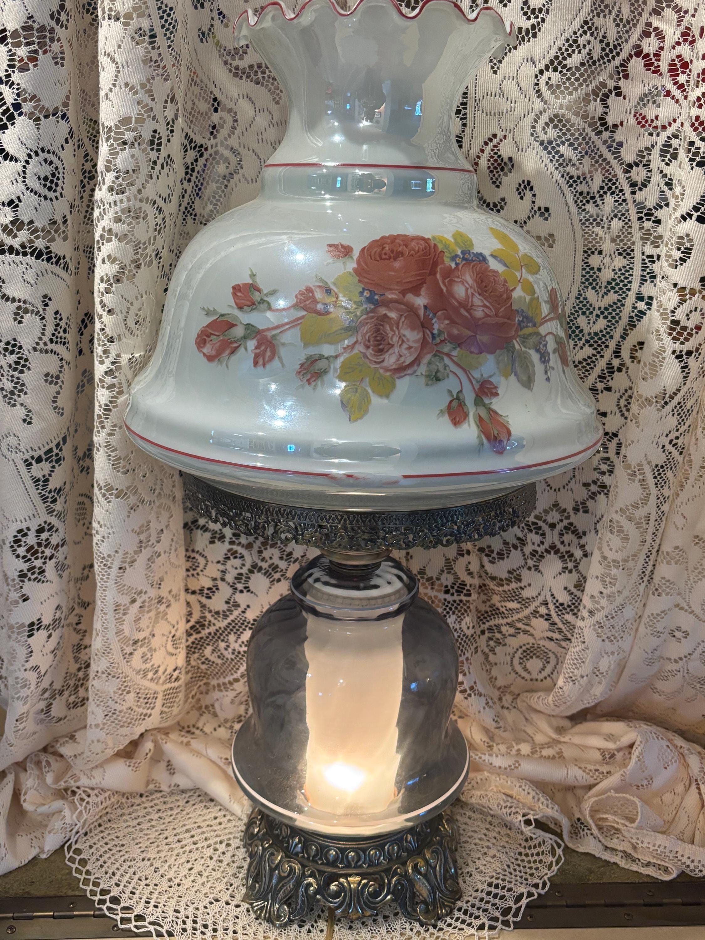 Antique Lavender Lusterware Hurricane Lamp: Etched Roses, Brass