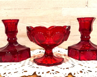 Fostoria Ruby Red Coin Glass- Candy Dish and Candlestick Holders