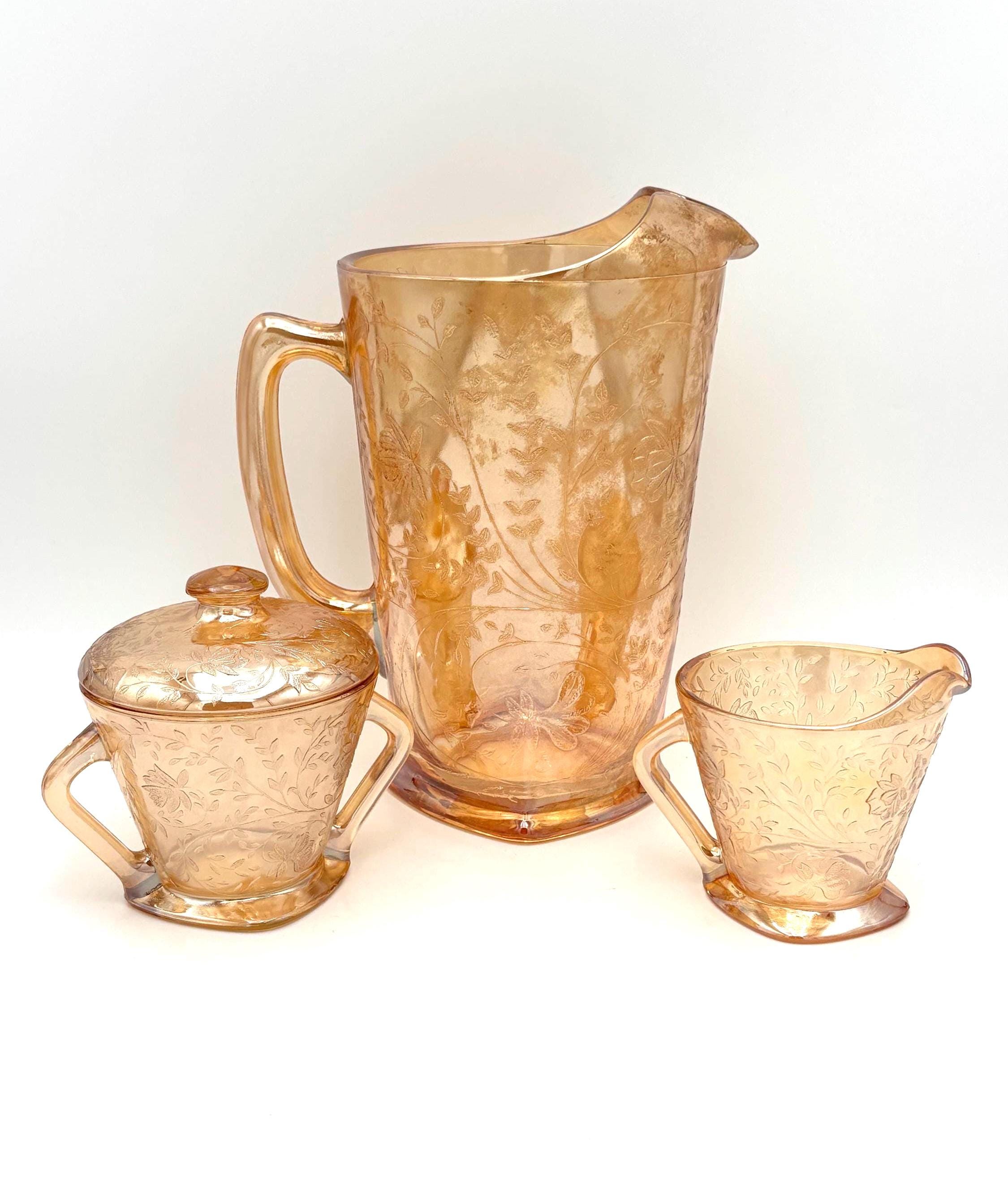 Vintage Jeannette Floragold Iridescent Carnival Glass Pitcher Set