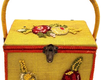 May include: A vintage yellow handbag with a woven texture, featuring embroidered floral designs in red, yellow, and green. The bag has a matching yellow handle and red trim, secured with a metal clasp.
