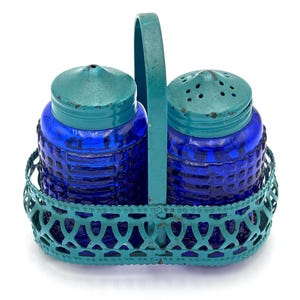 Cobalt Blue Glass Salt and Pepper Shakers in Carrier
