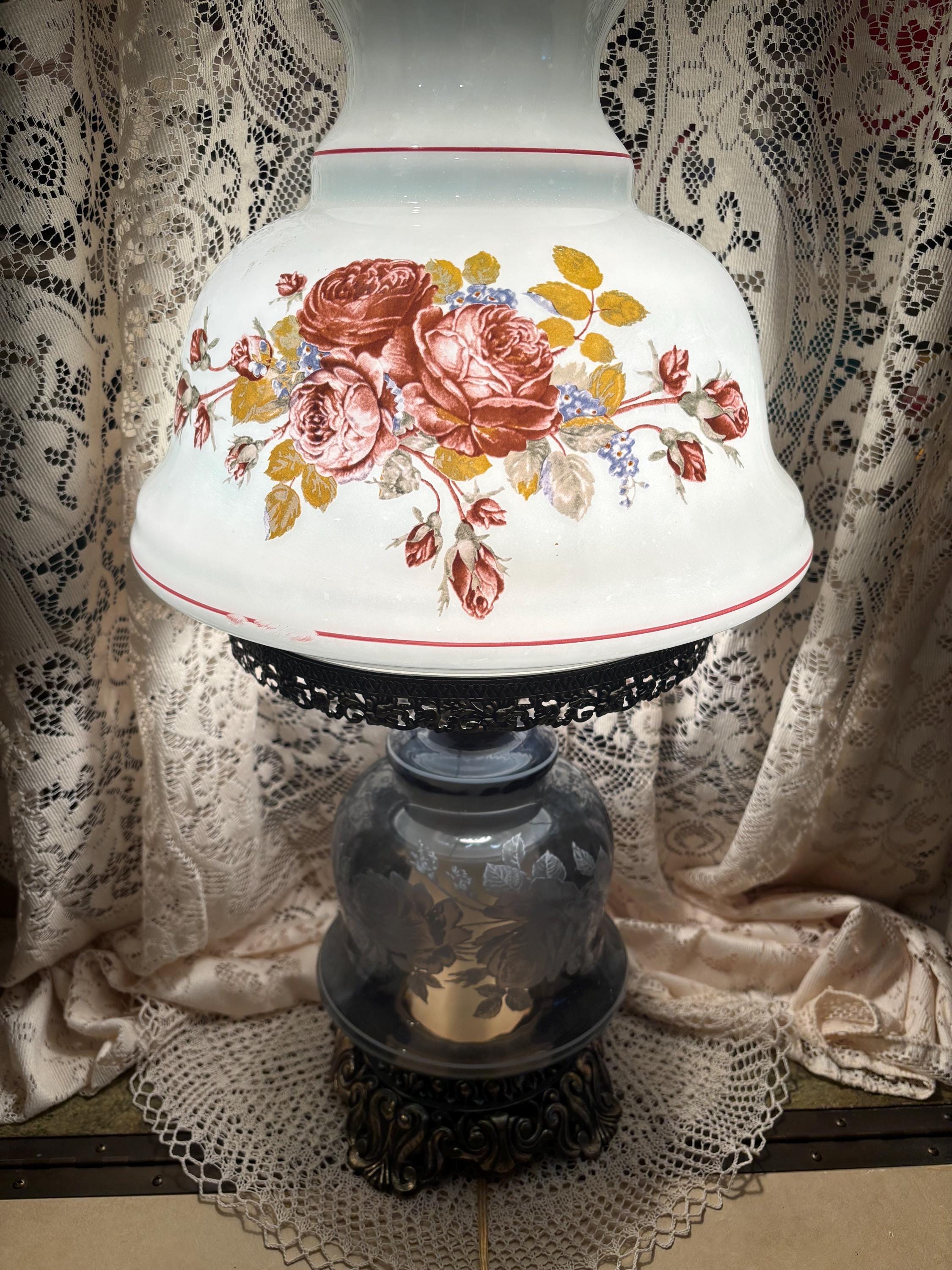 Antique Lavender Lusterware Hurricane Lamp: Etched Roses, Brass