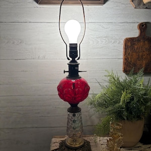 Antique Paul Hanson Ruby Glass and Brass Lamp