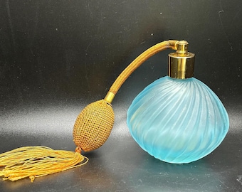 Vintage French Frosted Blue Glass Perfume Bottle and Atomizer