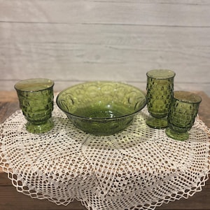Avocado Green Indiana Glass Bowl and Set of Glasses