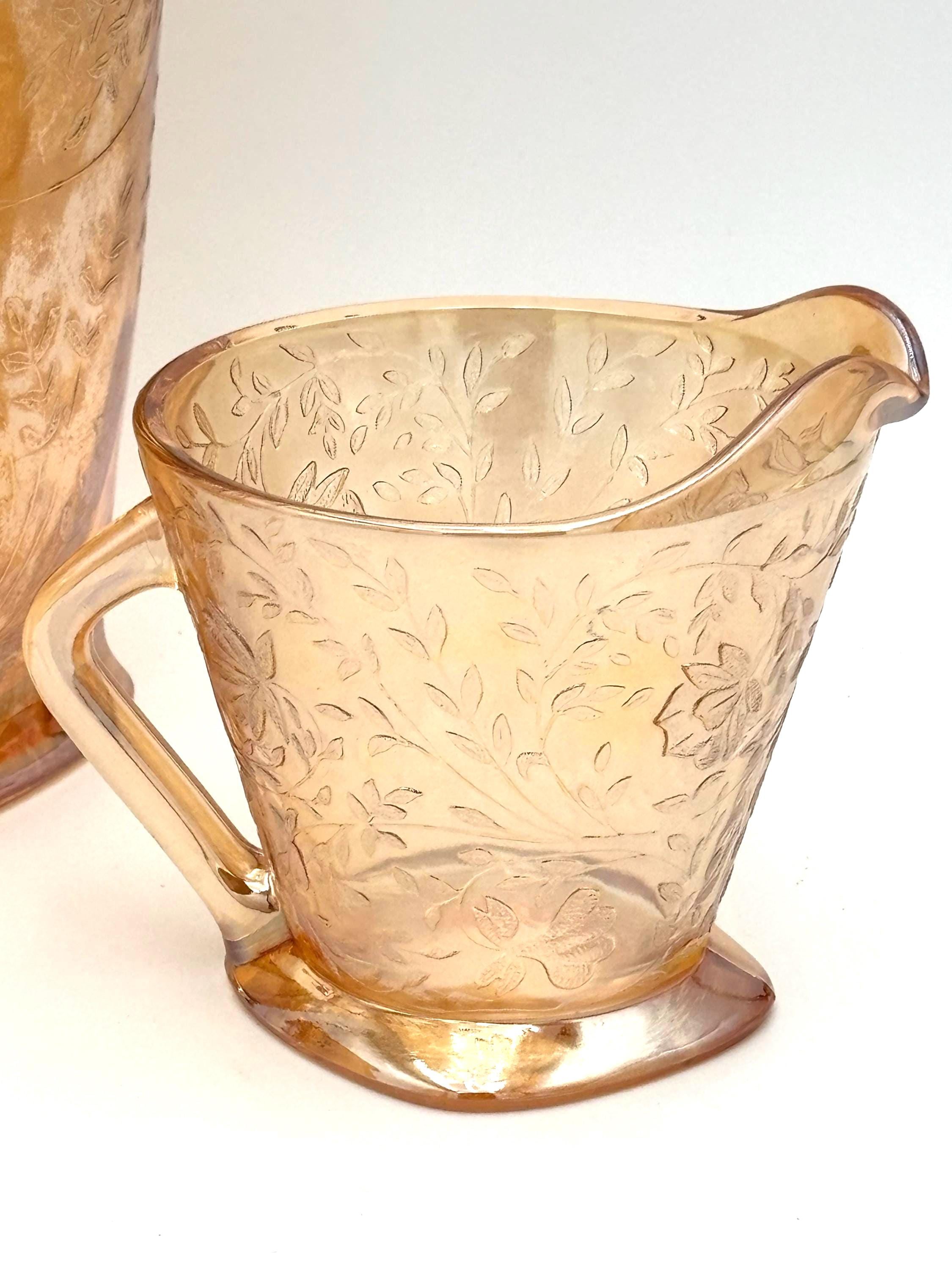 Vintage Jeannette Floragold Iridescent Carnival Glass Pitcher Set