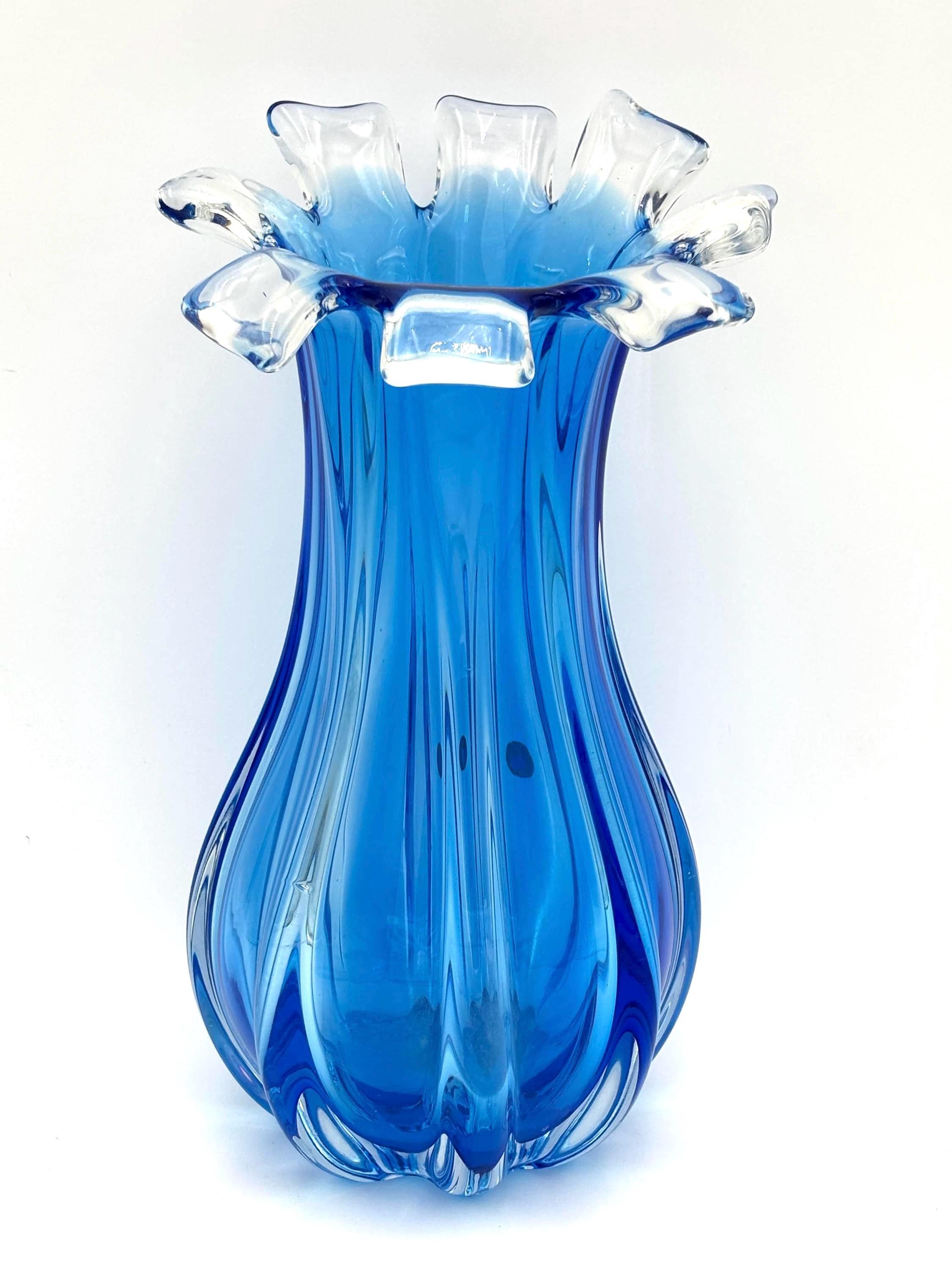 Vintage Czech Bohemian Blue Art Glass Flower Vase - Etsy