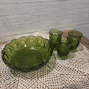 Avocado Green Indiana Glass Bowl and Glasses
