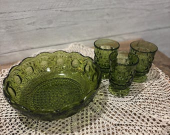 Avocado Green Indiana Glass Bowl and Glasses
