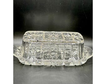 Mantequera antigua de vidrio prensado EAPG con diseño de explosión estelar, estilo Early American Clear