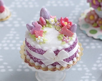 MTO-Handmade Miniature Easter Cake Decorated with Eggs, Rabbits, Flowers - (A - Pink/Purple) - Miniature Food in 12th Scale for Dollhouse