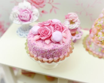 MTO-Pink Rose and Macaroon Cake - 12th Scale Miniature Food