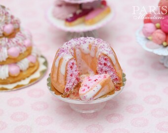 Pink Kouglof with Fruity Filling and Slice - All Fixed to Board - Tiny Miniature Food in 12th Scale for Dollhouse