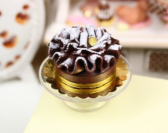 MTO-Feuille d'Automne - French Chocolate Ruffle Cake - Large Size - French Miniature Food in 12th Scale
