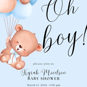 Invito modificabile per baby shower "OH BOY", invito per baby shower per maschietto, invito blu