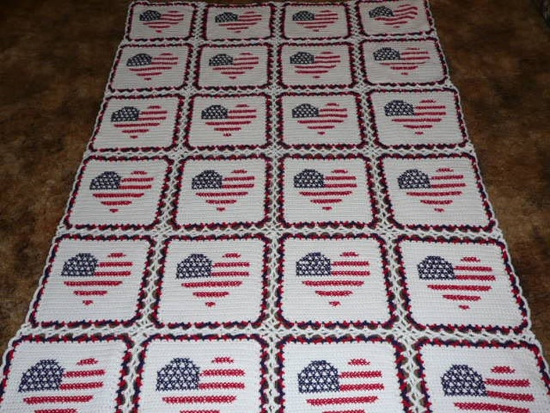 Red White and Blue Heart Flags Very Patriotic Crochet Afghan Blanket Throw image 1