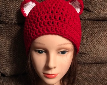 Red Easter Bunny Beanie Hat Winter Hat Crochet Hat -Sooo Cute -