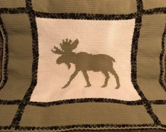 Moose Silhouette Crochet Afghan Blanket Throw