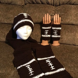 Football Football Football ~~~~~ Hat Beanie, Fingerless Gloves  with a Matching Scarf set ~~~~~~~