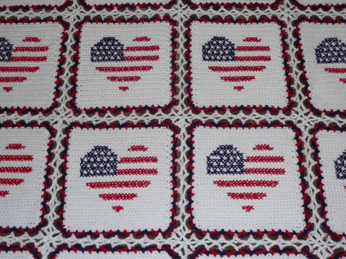 Red White and Blue Heart Flags Very Patriotic Crochet Afghan Blanket