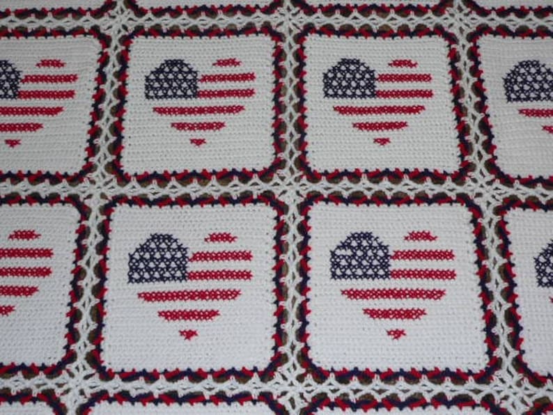 Red White and Blue Heart Flags Very Patriotic Crochet Afghan Blanket Throw image 2