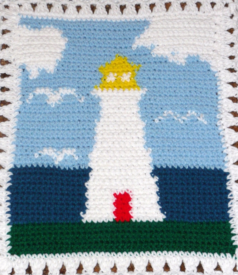 Oceanview Lighthouse With Seashells Crocheted Afghan Throw Etsy