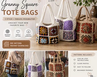 Modello per borsa tote quadrata "Grandma Square" all'uncinetto / Borsa da mercato adatta ai principianti (Download PDF)