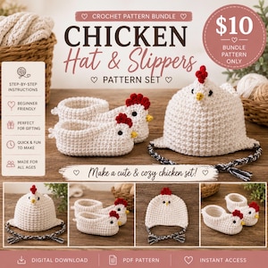 May include: A crochet pattern bundle for a chicken hat and slippers. The set features white yarn items with red combs and yellow beaks. Text includes "CHICKEN Hat & Slippers", "PATTERN SET", "Make a cute & cozy chicken set!", and "DIGITAL DOWNLOAD".