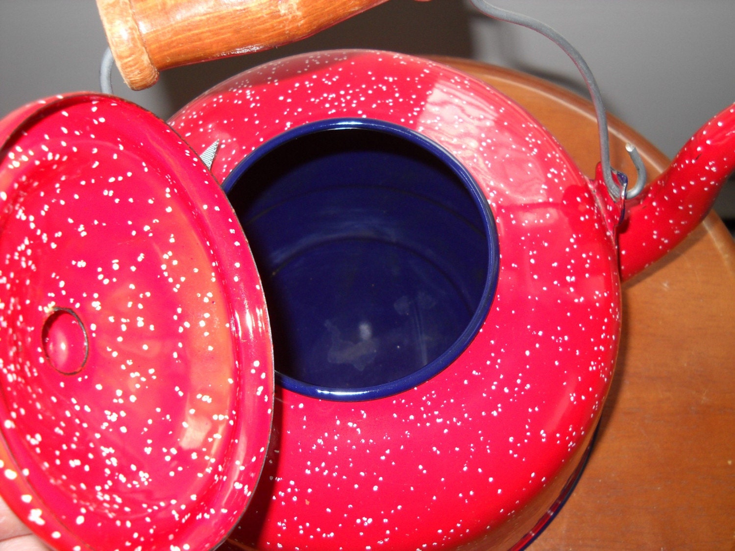 Red White Speckled Enamel ware Large Tea Kettle Bright Bold Etsy
