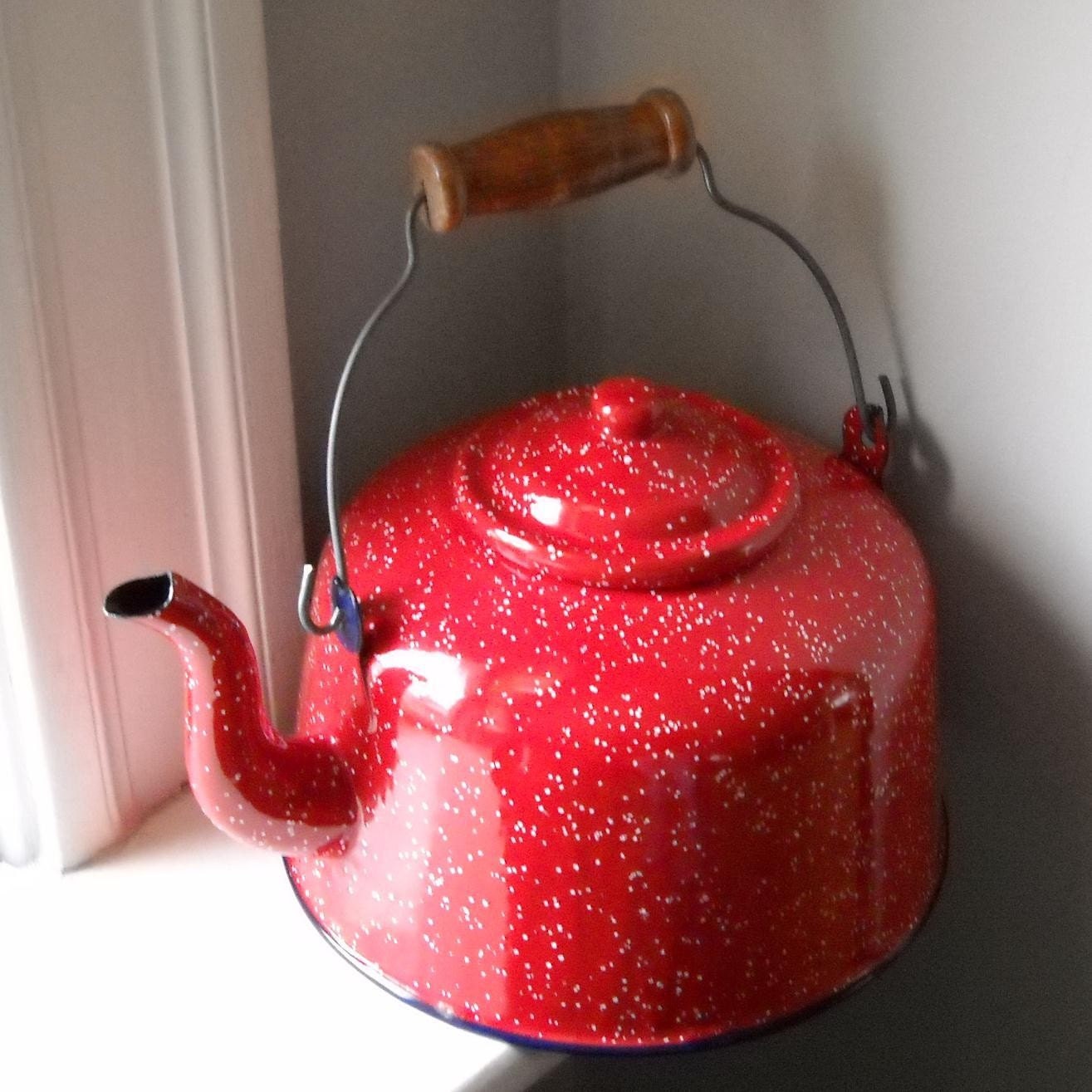 Red White Speckled Enamel ware Large Tea Kettle Bright Bold Etsy