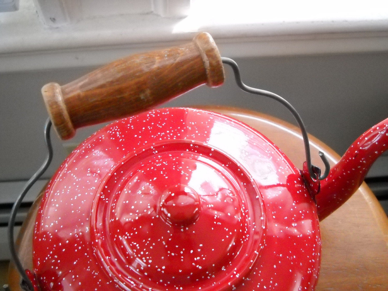 Red White Speckled Enamel ware Large Tea Kettle Bright Bold Etsy
