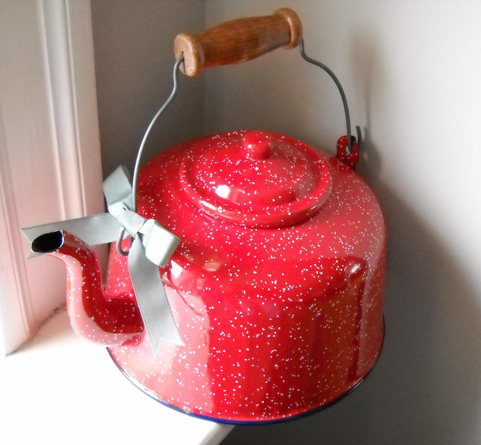 Red White Speckled Enamel ware Large Tea Kettle Bright Bold Etsy