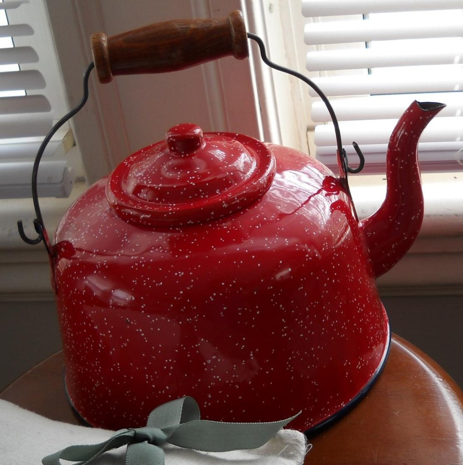 Red White Speckled Enamel ware Large Tea Kettle Bright Bold Etsy