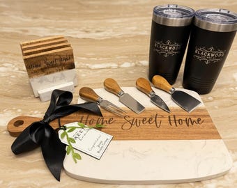 New Home Gift Personalized Housewarming Engraved Gift Set Real Estate Agent Closing Bundle Marble Charcuterie Board