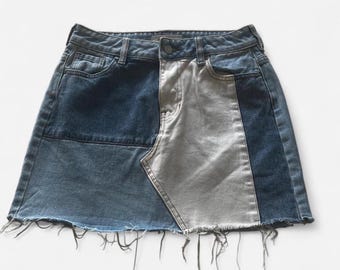 Y2K Patchwork Denim Mini Skirt Pacsun Size 25 Small Raw Hem Asymmetrical Blue Jean Skirt 90s 2000s Grunge Streetwear