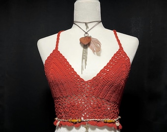 Handmade Crochet Crop Top Red Boho Festival Top Adjustable Knit Tank Beach Summer Top Size Large