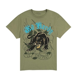 Vintage Ed Hardy Panther Tattoo Tee: Y2K Olive Green Graphic Shirt