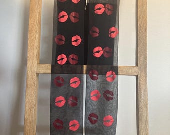 Black Sheer Tights with Red Lips Print | Kiss Pattern Stockings | Y2K Kawaii Hosiery | Statement Legwear | Novelty Gift Idea