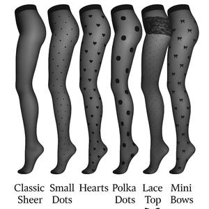 May include: An image displays six pairs of black tights with different patterns. Styles include classic sheer, small dots, hearts, polka dots, lace top, and mini bows. The text "Tights Styles" is at the top.