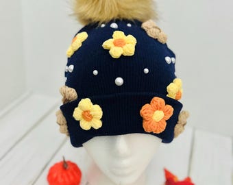 Patrón de gorro de ganchillo para adultos, gorro de otoño, gorros y sombreros, flores de ganchillo, ropa de otoño