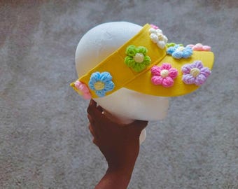 Crochet Flower Yellow Visor Hat: Cottagecore Sun Hat