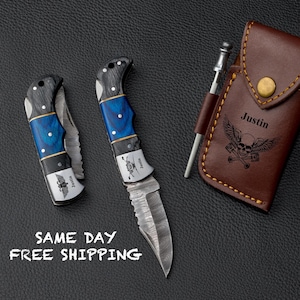 Personalized Damascus Motorcycle Pocket Knife: Engraved Biker Gift