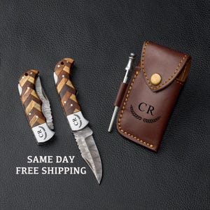 Handmade Damascus Pocket Knife Wood Handle Groomsmen Gift Anniversary Birthday Gift Personalized for Him