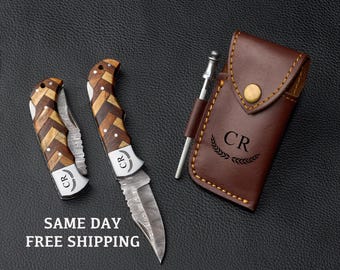 Handmade Damascus Pocket Knife Wood Handle Groomsmen Gift Anniversary Birthday Gift Personalized for Him