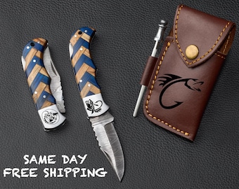 Handmade Damascus Fisherman Folding Knife: Leather Sheath and Knife with Personalization