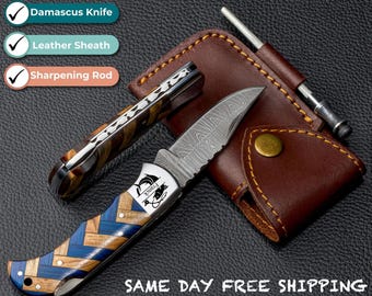 Personalized Damascus Pocket Knife, Wood Handle Folding Knife, Engraved Fishing Christmas Gift for Dad