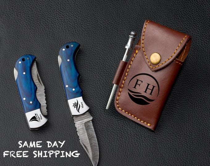 Damascus Pocket Knife, Engraved Sailing Gift, Custom for Ocean Lovers, Sailor Christmas Gift